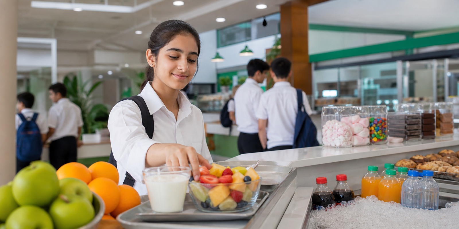 طالبة تختار الفاكهة واللبن في مقصف المدرسة